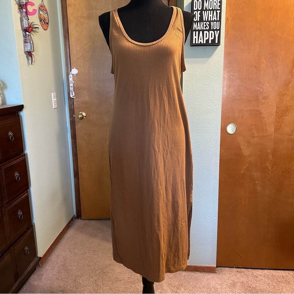 Wild Fable brown ribbed sleeveless open back midi dress side slit XXL casual
